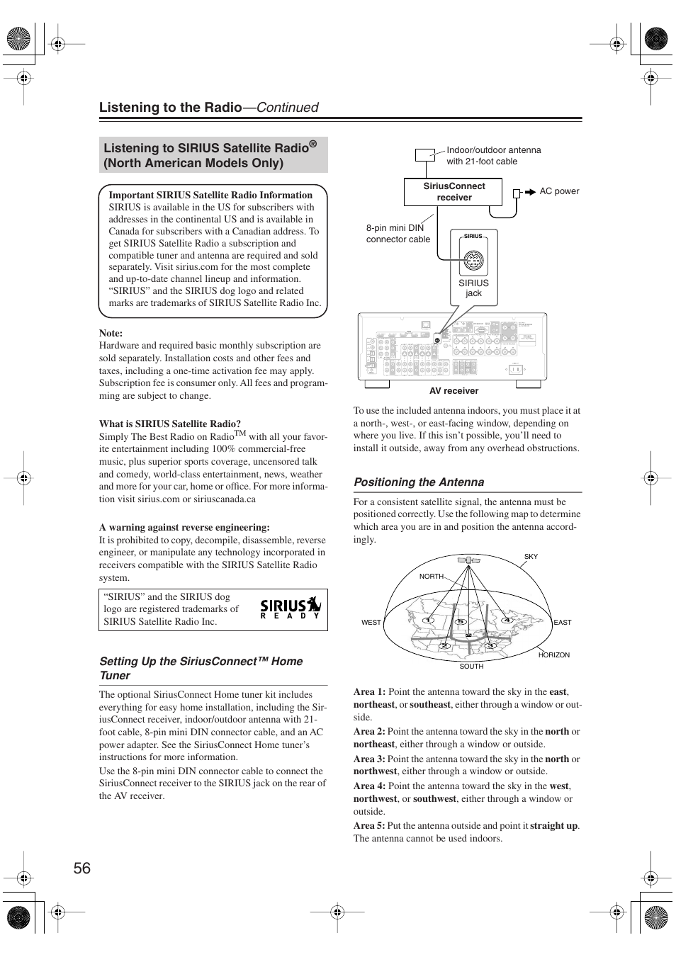 Listening to sirius satellite radio, North american models only), Listening to the radio —continued | Integra DTR-5.9 User Manual | Page 56 / 116