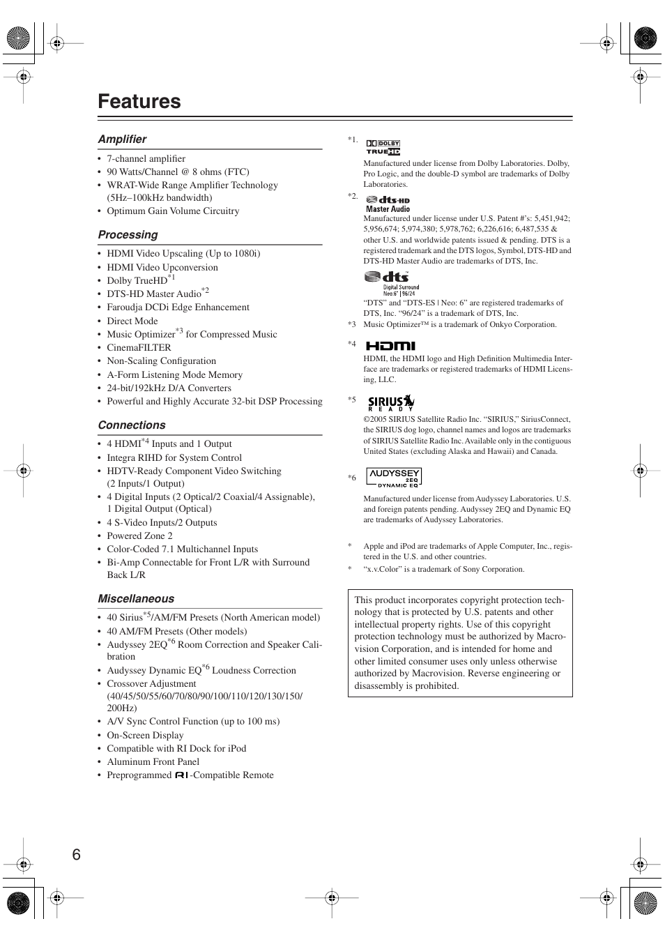 Features | Integra DTR-5.9 User Manual | Page 6 / 116