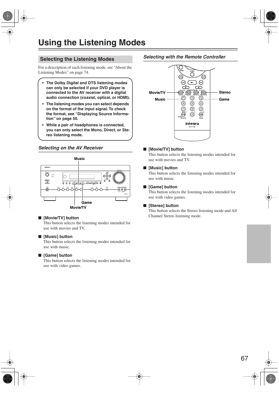 Using the listening modes, Selecting the listening modes, Utton (67) | Uttons (67) | Integra DTR-5.9 User Manual | Page 67 / 116