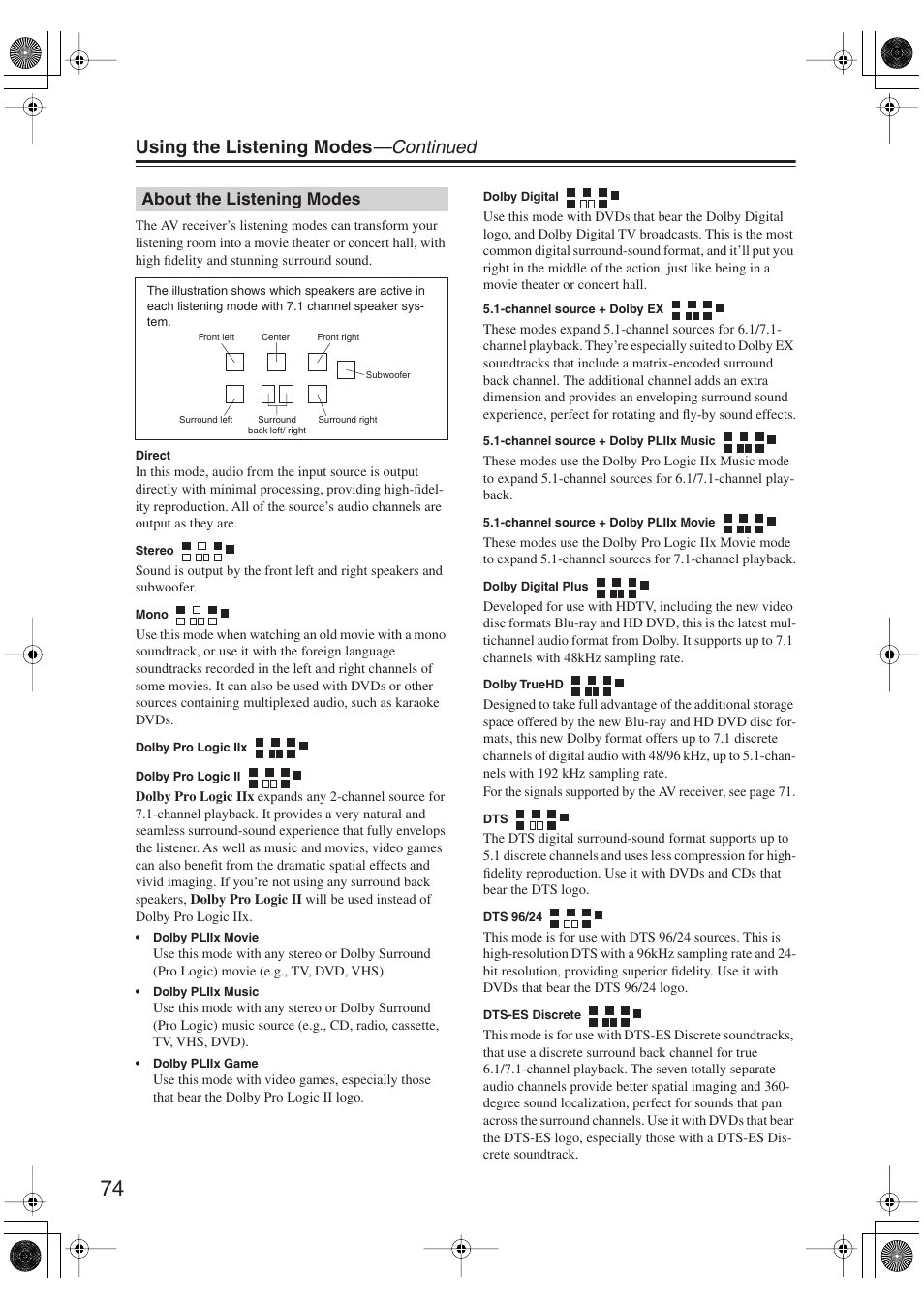 About the listening modes, Using the listening modes —continued | Integra DTR-5.9 User Manual | Page 74 / 116