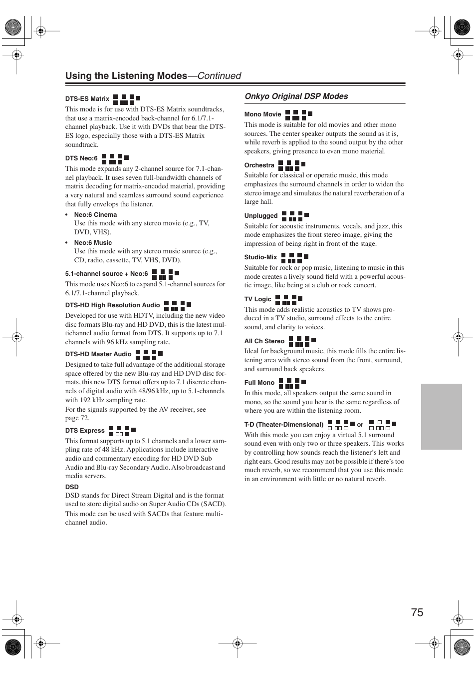 Using the listening modes —continued | Integra DTR-5.9 User Manual | Page 75 / 116