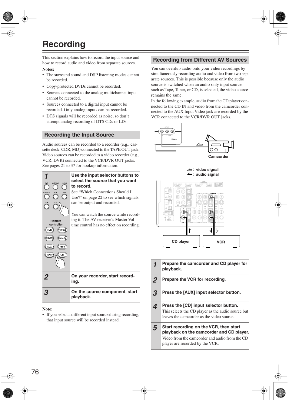 Recording, Recording the input source, Recording from different av sources | Integra DTR-5.9 User Manual | Page 76 / 116