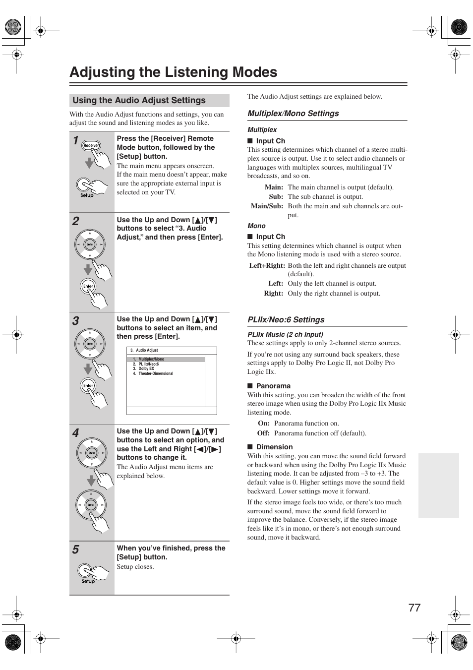 Adjusting the listening modes, Using the audio adjust settings | Integra DTR-5.9 User Manual | Page 77 / 116