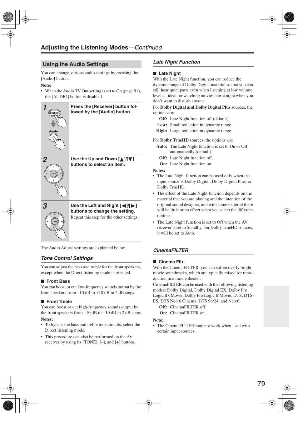 Using the audio settings, Uttons (79, Utton (79) | Adjusting the listening modes —continued | Integra DTR-5.9 User Manual | Page 79 / 116