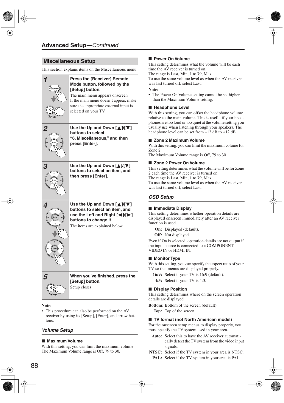 Miscellaneous setup, Advanced setup —continued | Integra DTR-5.9 User Manual | Page 88 / 116