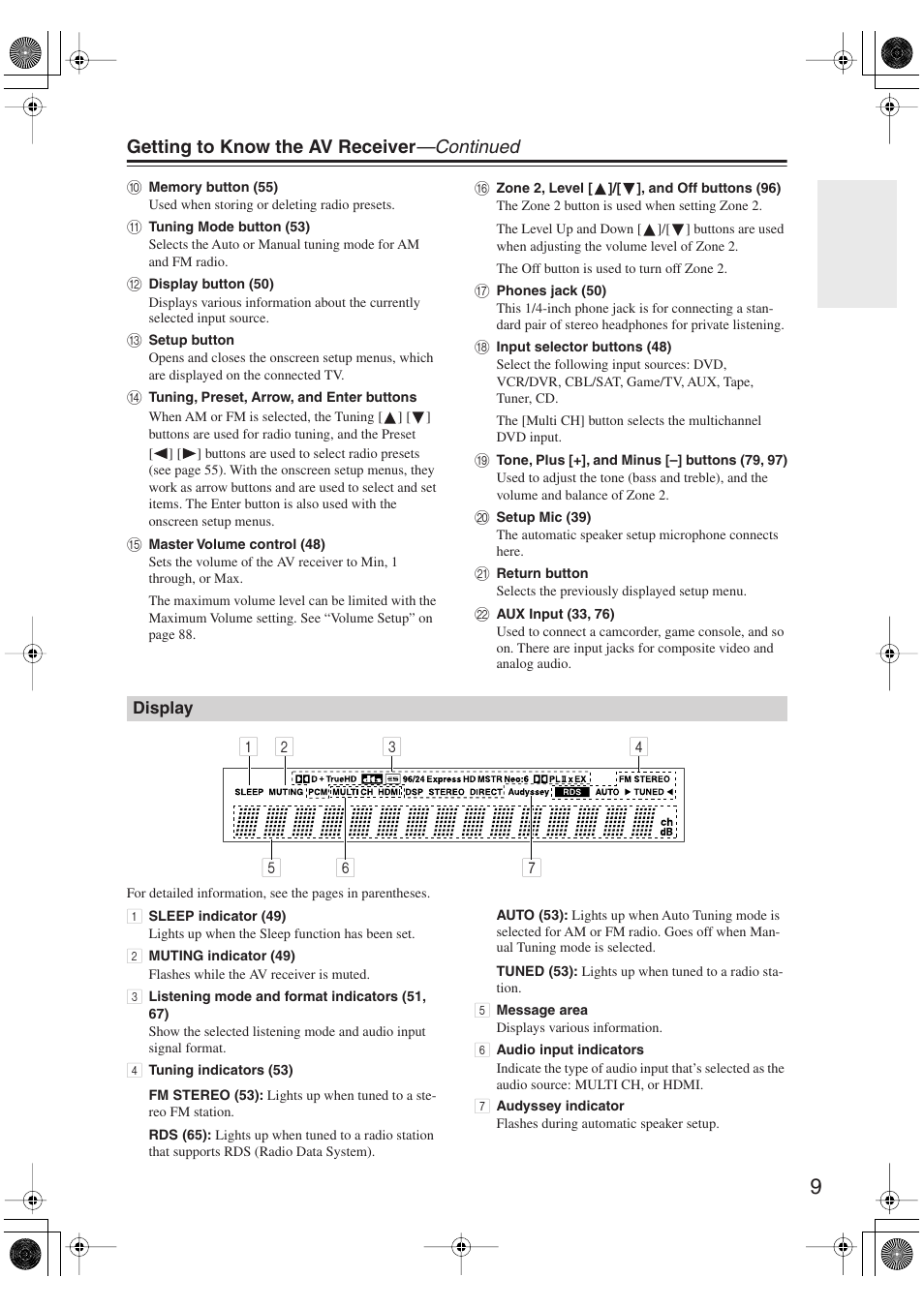 Display, Getting to know the av receiver —continued | Integra DTR-5.9 User Manual | Page 9 / 116