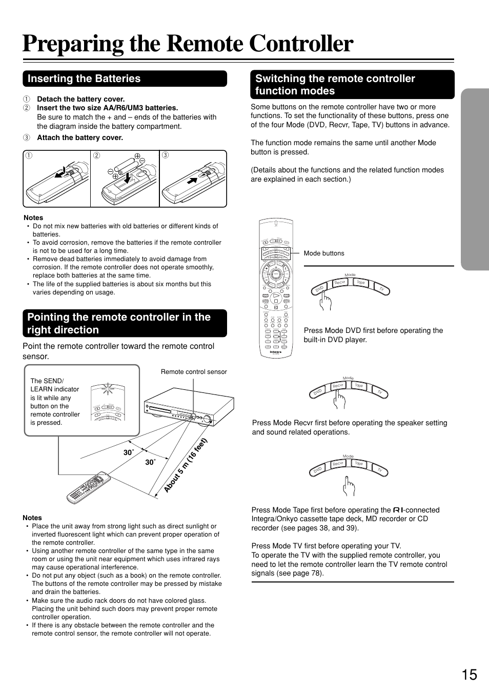 Preparing the remote controller, Inserting the batteries, Switching the remote controller function modes | Send, Remote control sensor, Mode buttons | Integra DSR-7.3 User Manual | Page 15 / 88
