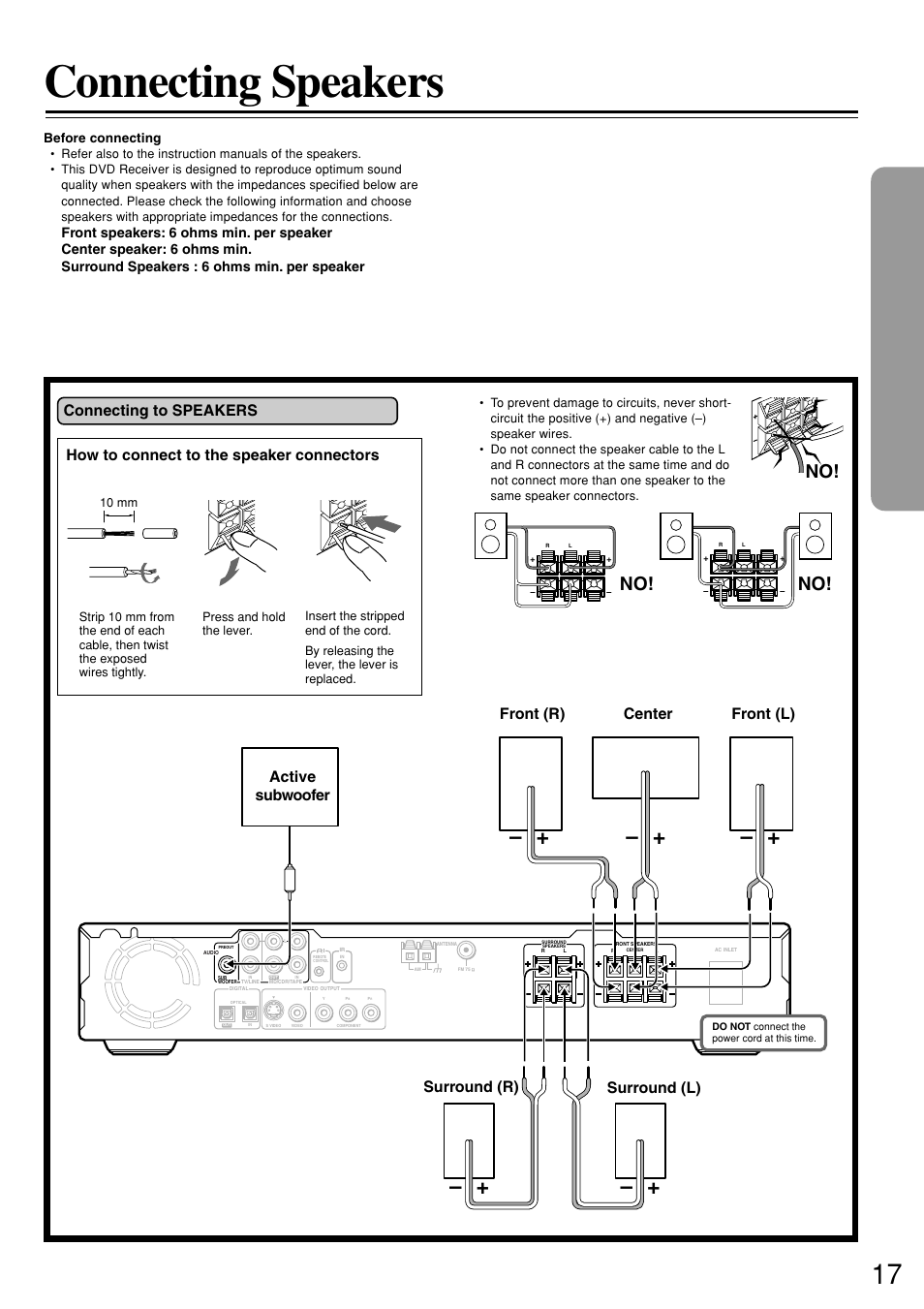 Connecting speakers, Front (r) front (l) center surround (r), Active subwoofer | Integra DSR-7.3 User Manual | Page 17 / 88