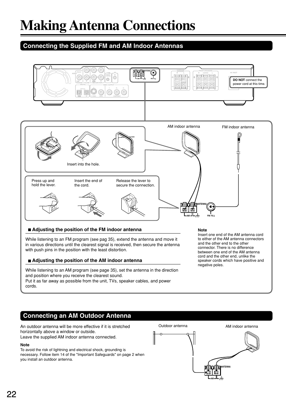 Making antenna connections, Connecting an am outdoor antenna, Connecting the supplied fm and am indoor antennas | Adjusting the position of the fm indoor antenna, Adjusting the position of the am indoor antenna | Integra DSR-7.3 User Manual | Page 22 / 88