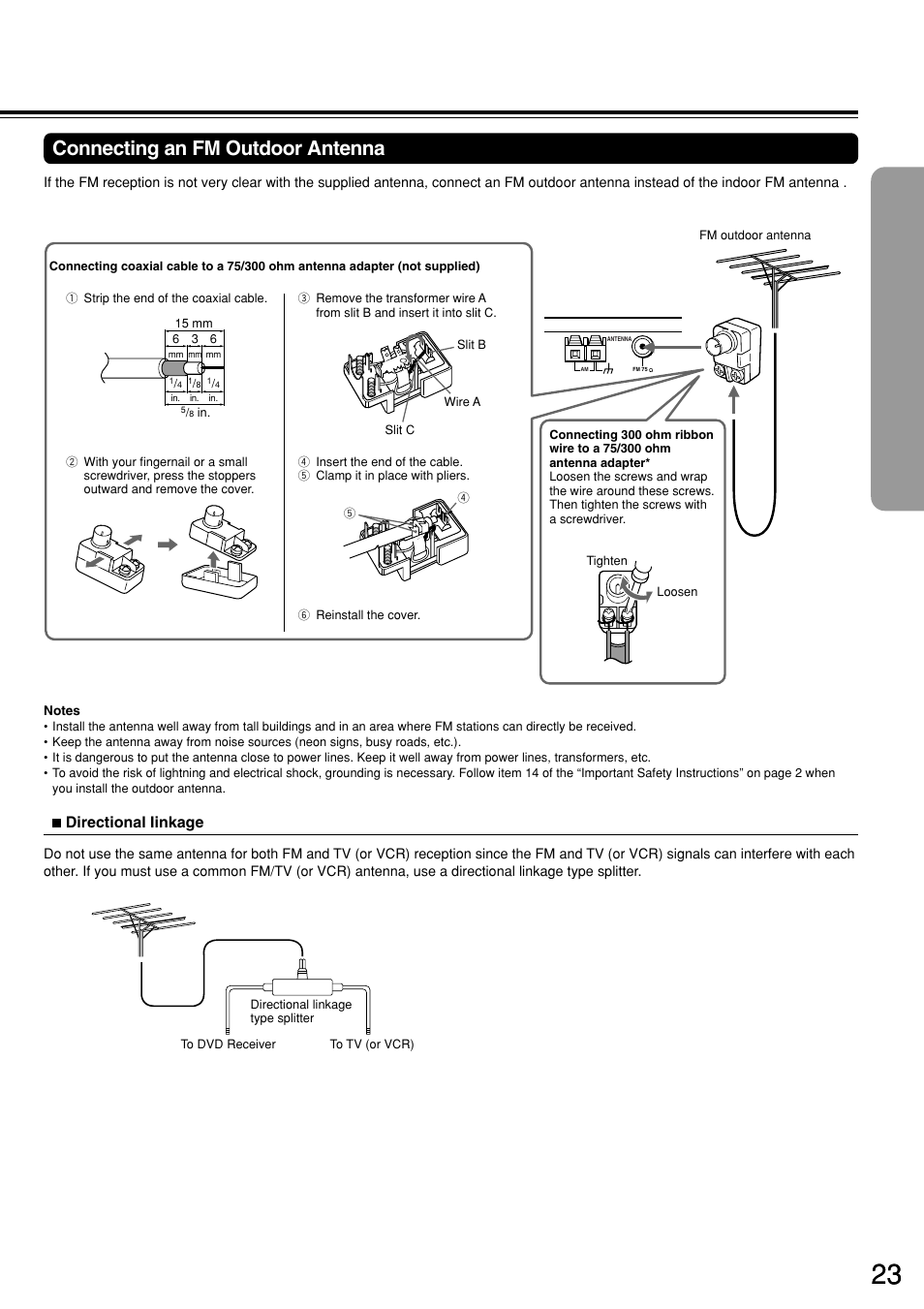Connecting an fm outdoor antenna, Directional iinkage | Integra DSR-7.3 User Manual | Page 23 / 88