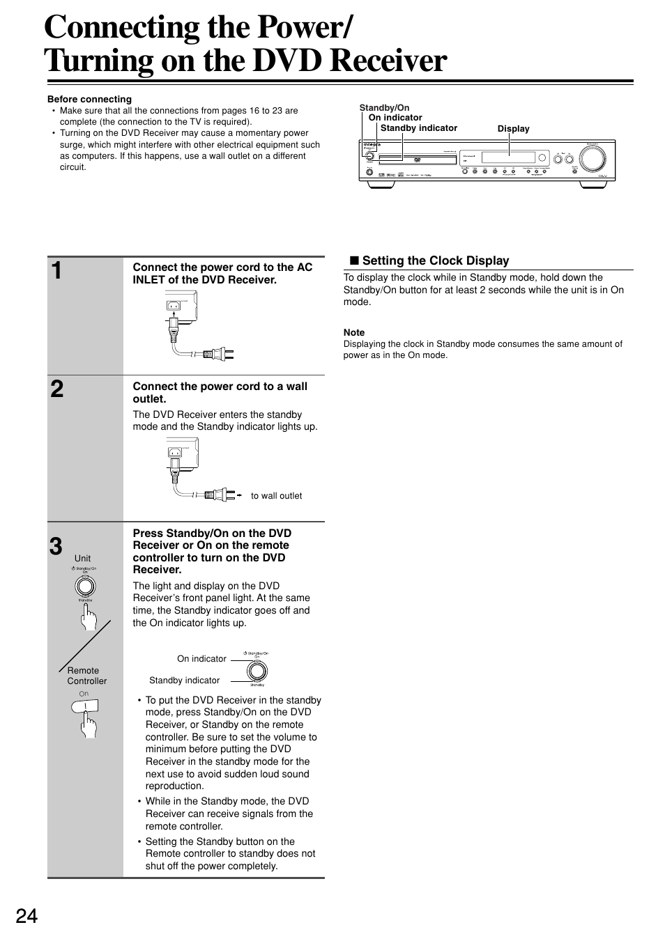 Connecting the power/ turning on the dvd receiver | Integra DSR-7.3 User Manual | Page 24 / 88