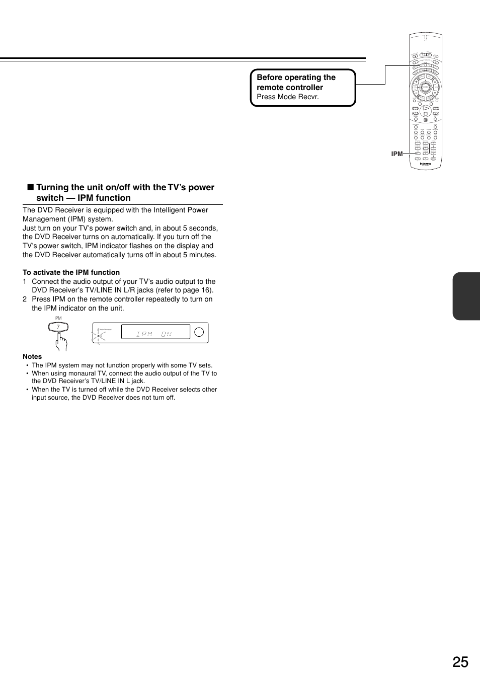 Before operating the remote controller, Send, Press mode recvr | Integra DSR-7.3 User Manual | Page 25 / 88
