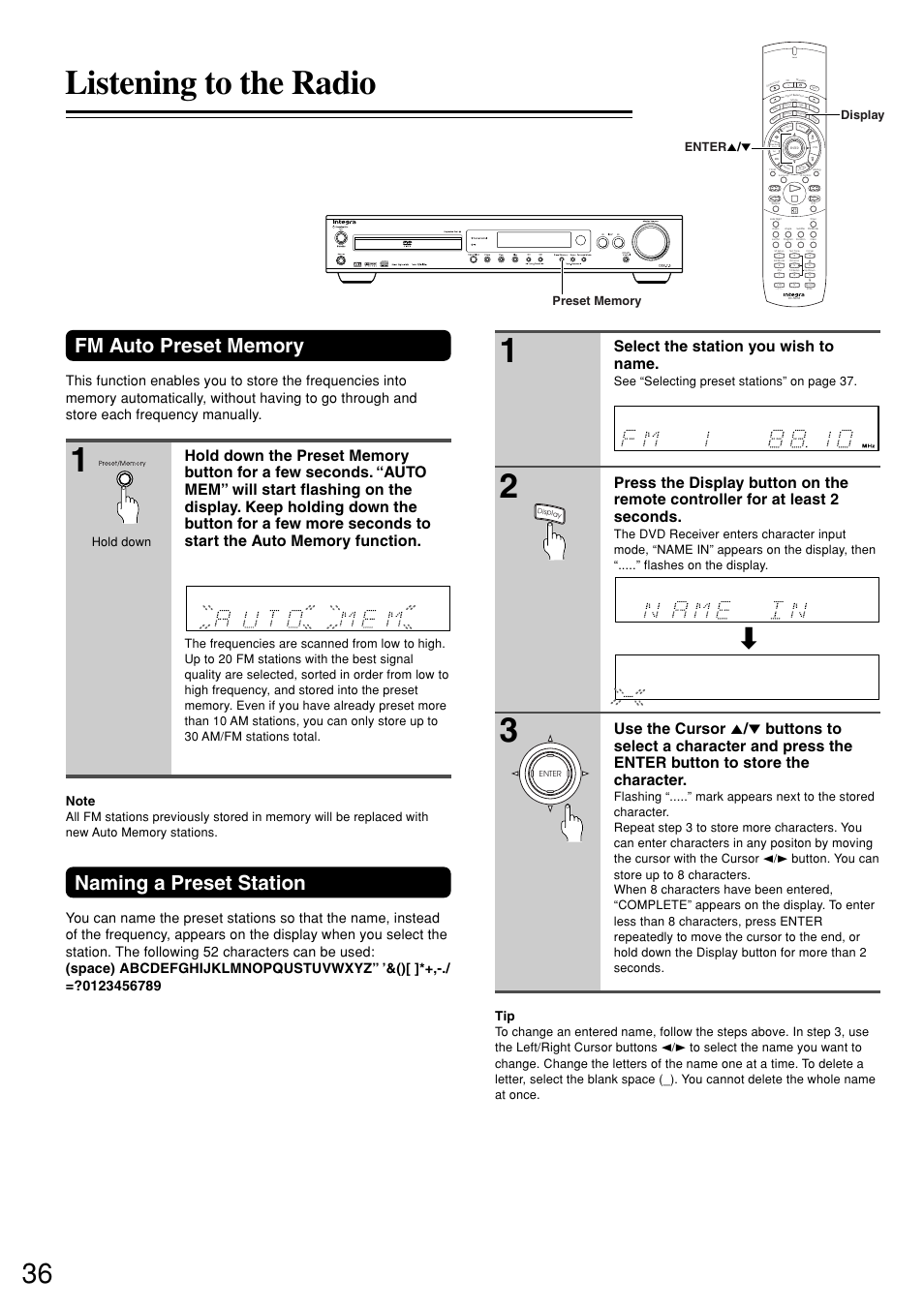 Listening to the radio, Naming a preset station, Select the station you wish to name | Send, Enter 5 / ∞ display hold down, See “selecting preset stations” on page 37 | Integra DSR-7.3 User Manual | Page 36 / 88