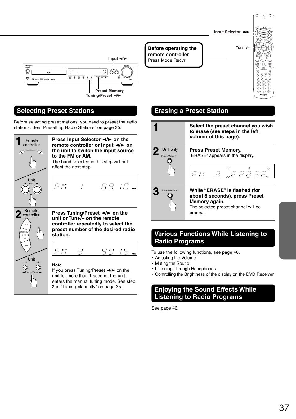 Selecting preset stations, Before operating the remote controller, See page 46 | Erase” appears in the display, The selected preset channel will be erased, Send, Press mode recvr, Input selector 2 / 3 tun, Unit remote controller unit, Unit only | Integra DSR-7.3 User Manual | Page 37 / 88