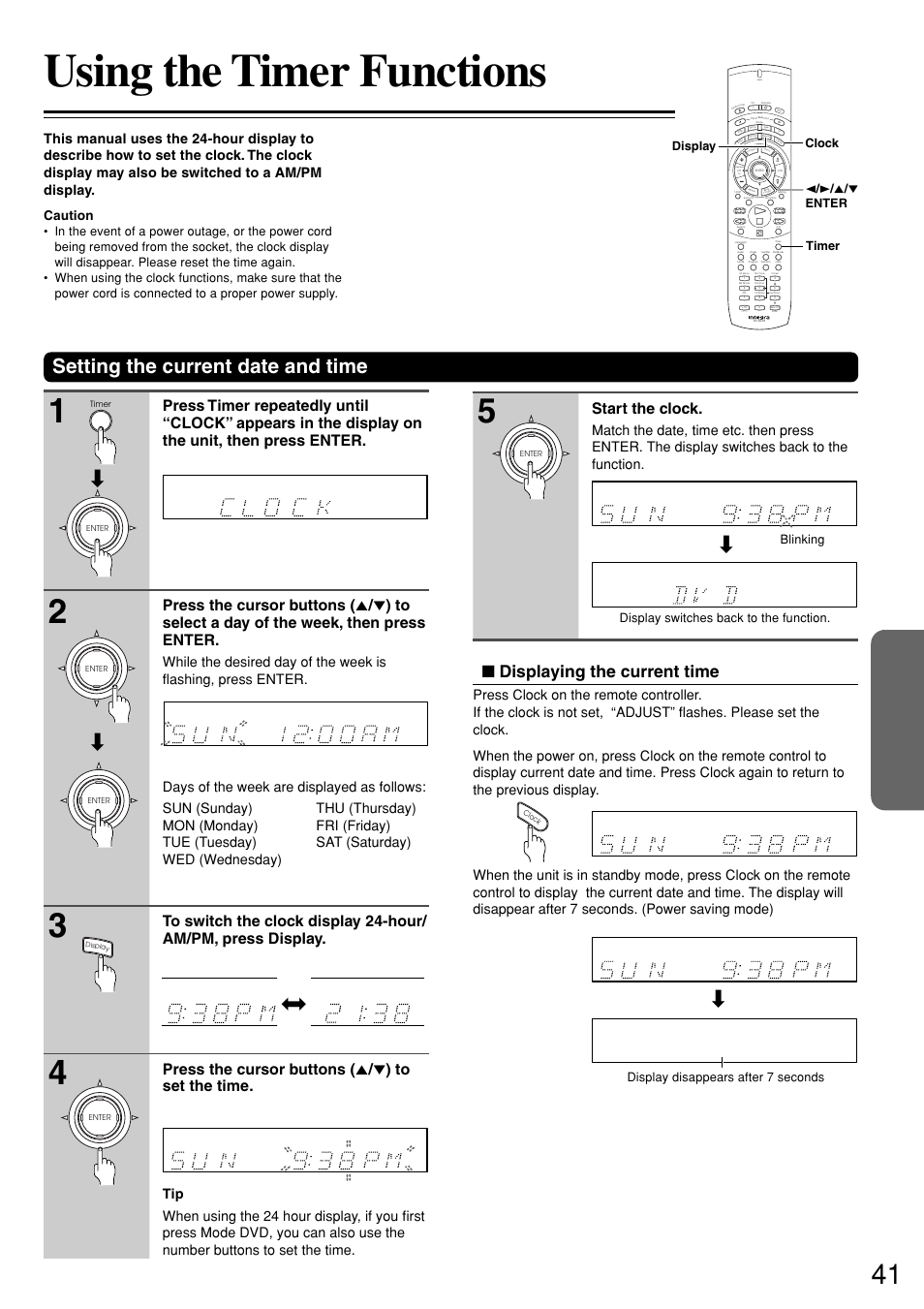 Using the timer functions, Setting the current date and time, Displaying the current time | Start the clock, Send, Caution, Blinking, Clock display timer 2 / 3 / 5 / ∞ enter | Integra DSR-7.3 User Manual | Page 41 / 88