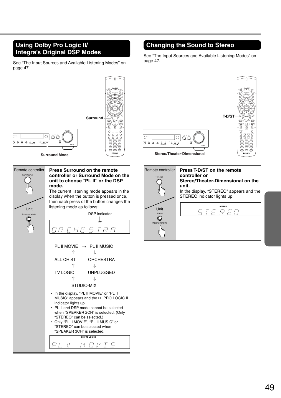Changing the sound to stereo, Send, Remote controller | Surround surround mode, T-d/ st surround | Integra DSR-7.3 User Manual | Page 49 / 88