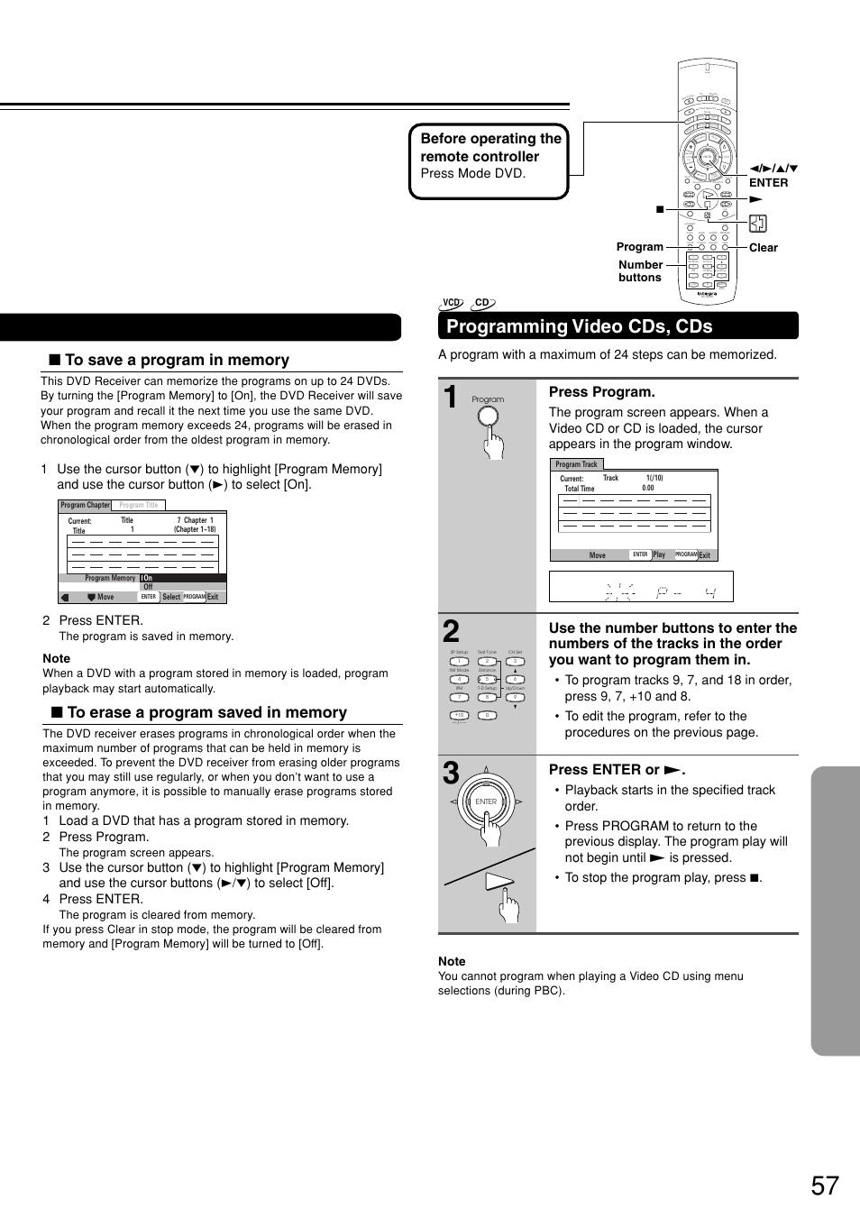 Programming video cds, cds, Press program, Press enter or | Before operating the remote controller, Send, Press mode dvd, The program screen appears, Number buttons, 2 / 3 / 5 / ∞ enter £ 7 clear program | Integra DSR-7.3 User Manual | Page 57 / 88