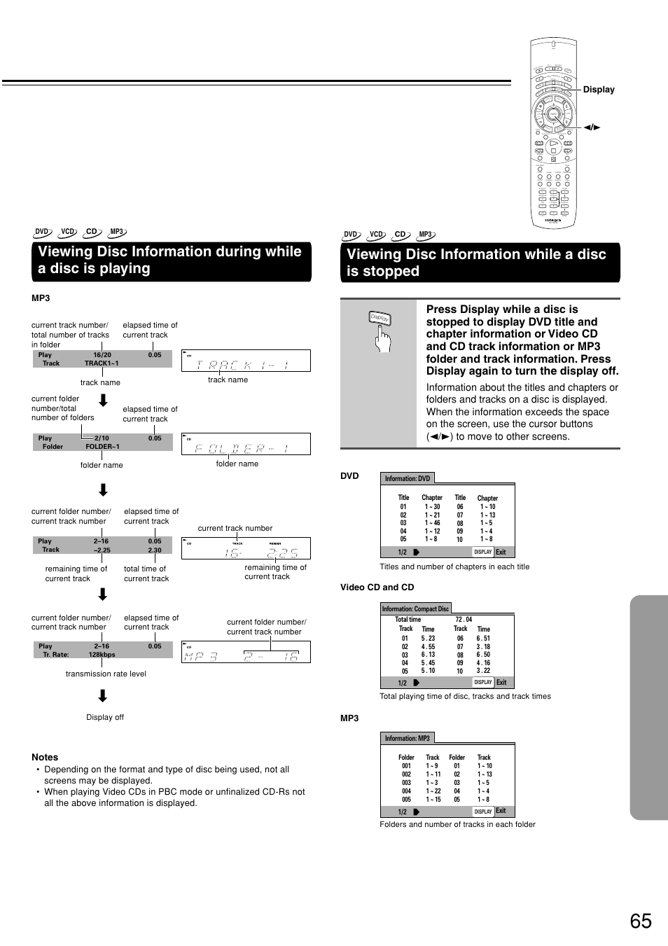 Viewing disc information while a disc is stopped, Send, Display 2 / 3 | Mp3 video cd and cd | Integra DSR-7.3 User Manual | Page 65 / 88