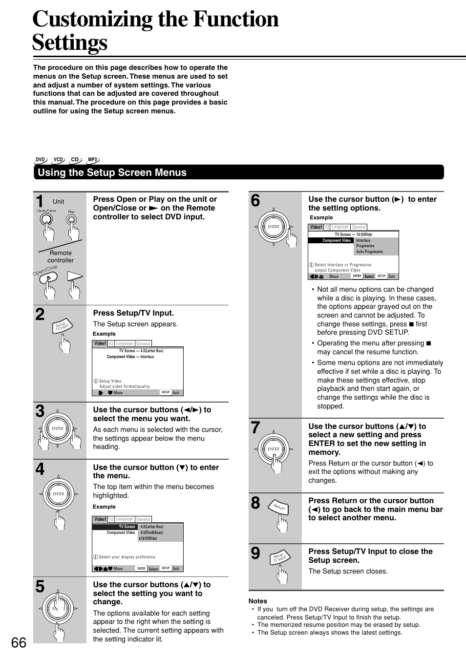 Customizing the function settings, Using the setup screen menus | Integra DSR-7.3 User Manual | Page 66 / 88