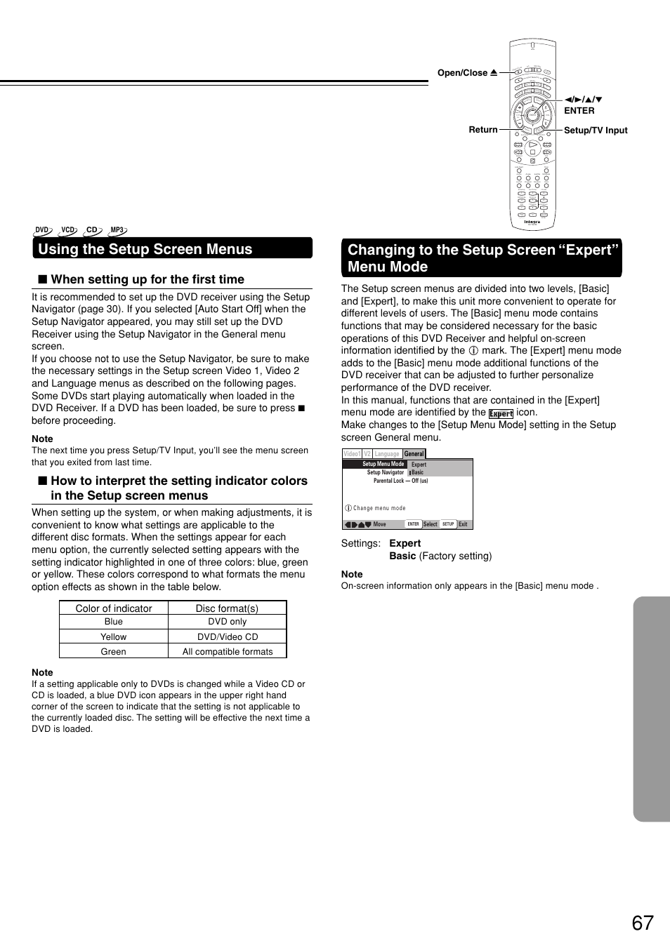 Changing to the setup screen “expert” menu mode, Using the setup screen menus, When setting up for the first time | Settings: expert basic (factory setting), Send, Expert, General v2 language video1, Dvd vcd cd mp3 | Integra DSR-7.3 User Manual | Page 67 / 88