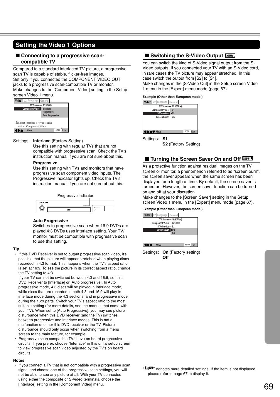 Setting the video 1 options, Turning the screen saver on and off, Switching the s-video output | Connecting to a progressive scan- compatible tv | Integra DSR-7.3 User Manual | Page 69 / 88
