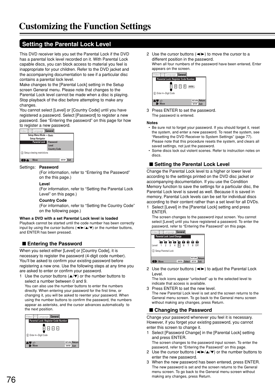 Customizing the function settings, Setting the parental lock level, Changing the password | Entering the password | Integra DSR-7.3 User Manual | Page 76 / 88