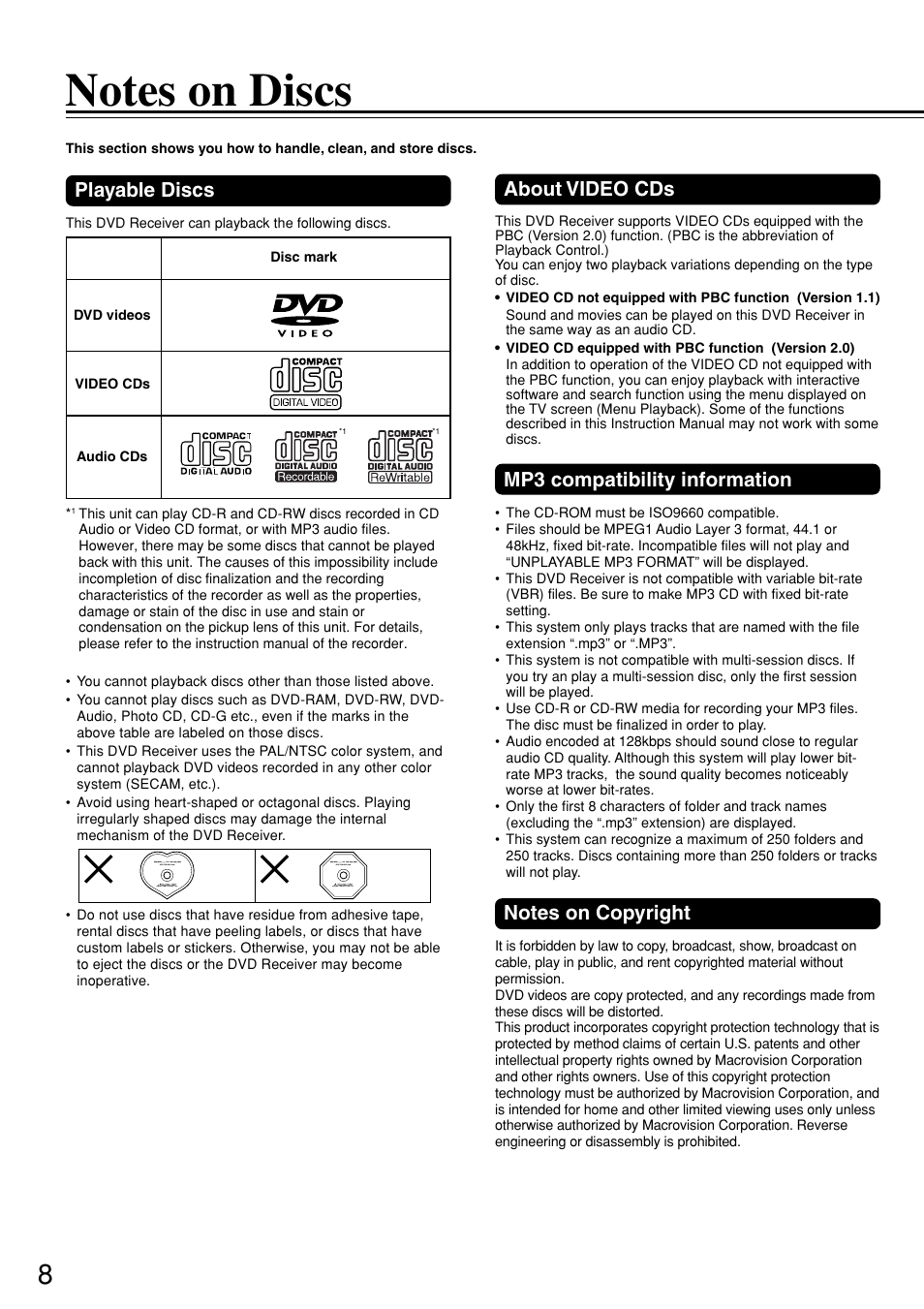 Playable discs, About video cds, Mp3 compatibility information | Integra DSR-7.3 User Manual | Page 8 / 88