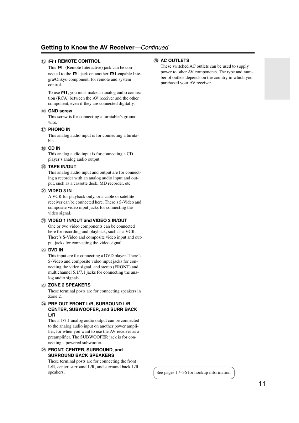 Getting to know the av receiver —continued | Integra DTR-7.7 User Manual | Page 11 / 96