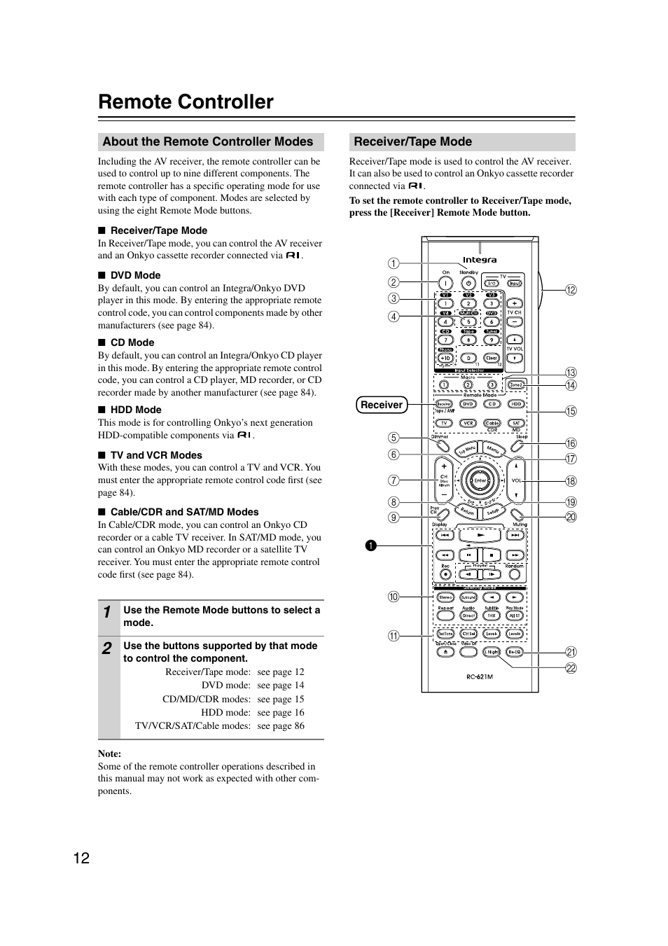 Remote controller, About the remote controller modes, Receiver/tape mode | Integra DTR-7.7 User Manual | Page 12 / 96