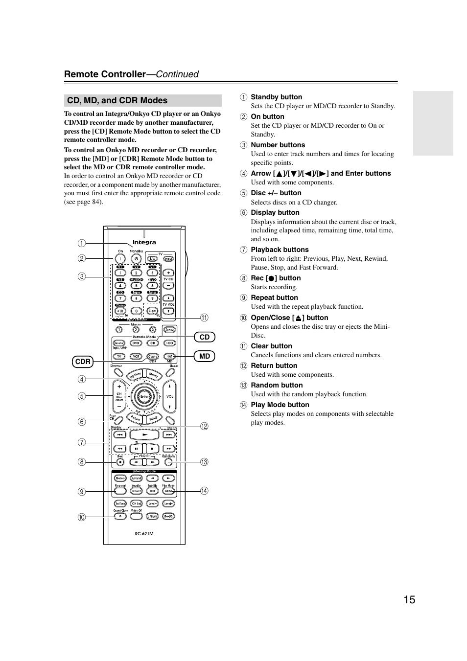 Cd, md, and cdr modes, Remote controller —continued | Integra DTR-7.7 User Manual | Page 15 / 96