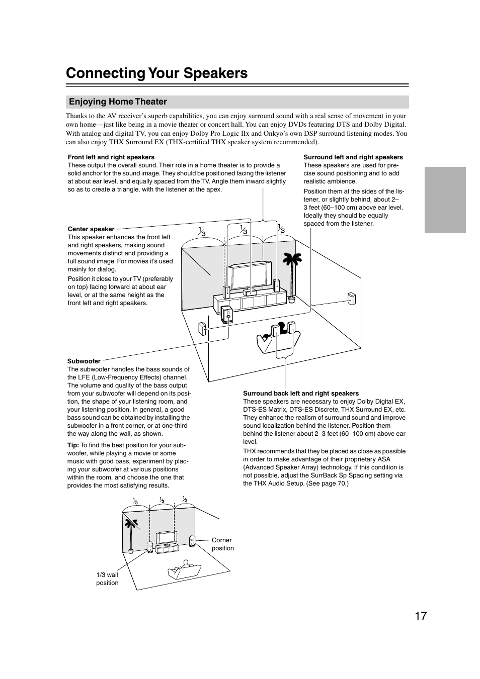 Connecting your speakers, Enjoying home theater | Integra DTR-7.7 User Manual | Page 17 / 96