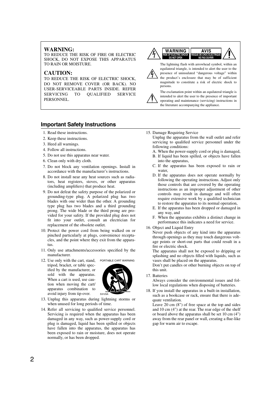 Important safety instructions, Warning, Caution | Integra DTR-7.7 User Manual | Page 2 / 96