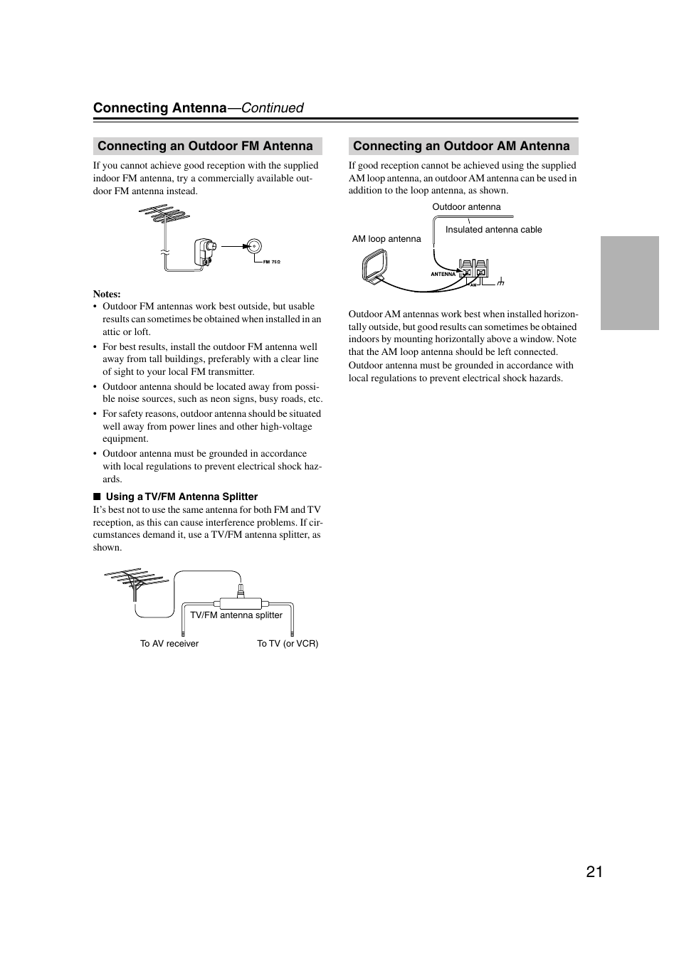 Connecting an outdoor fm antenna, Connecting an outdoor am antenna, Connecting antenna —continued | Integra DTR-7.7 User Manual | Page 21 / 96