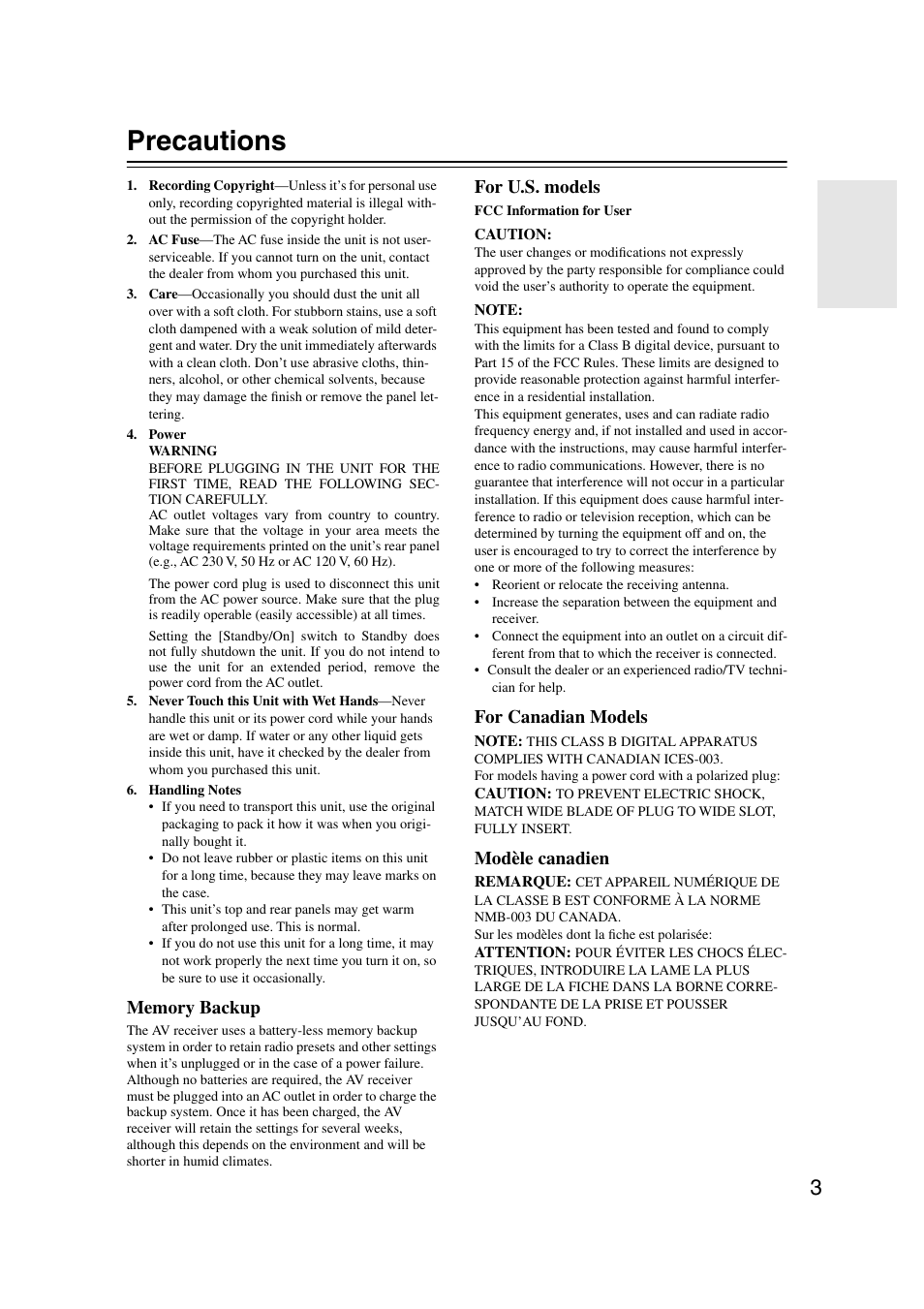 Precautions, For u.s. models, For canadian models | Modèle canadien | Integra DTR-7.7 User Manual | Page 3 / 96