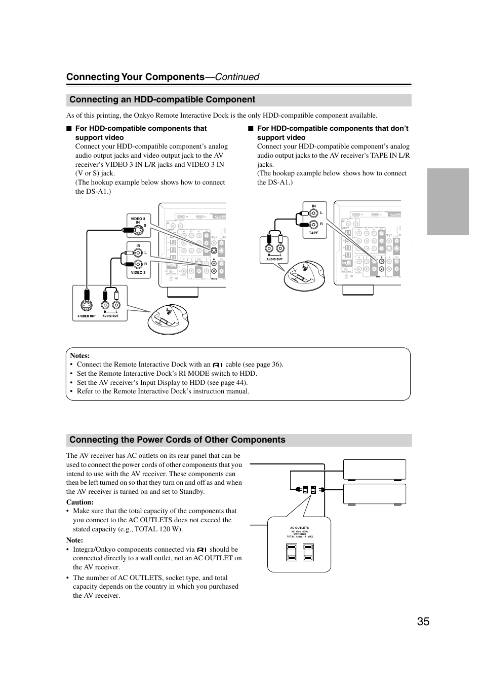 Connecting an hdd-compatible component, Connecting the power cords of other components, Connecting your components —continued | Integra DTR-7.7 User Manual | Page 35 / 96