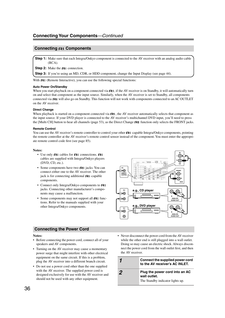 Connecting components, Connecting the power cord, Connecting | Connecting your components —continued | Integra DTR-7.7 User Manual | Page 36 / 96