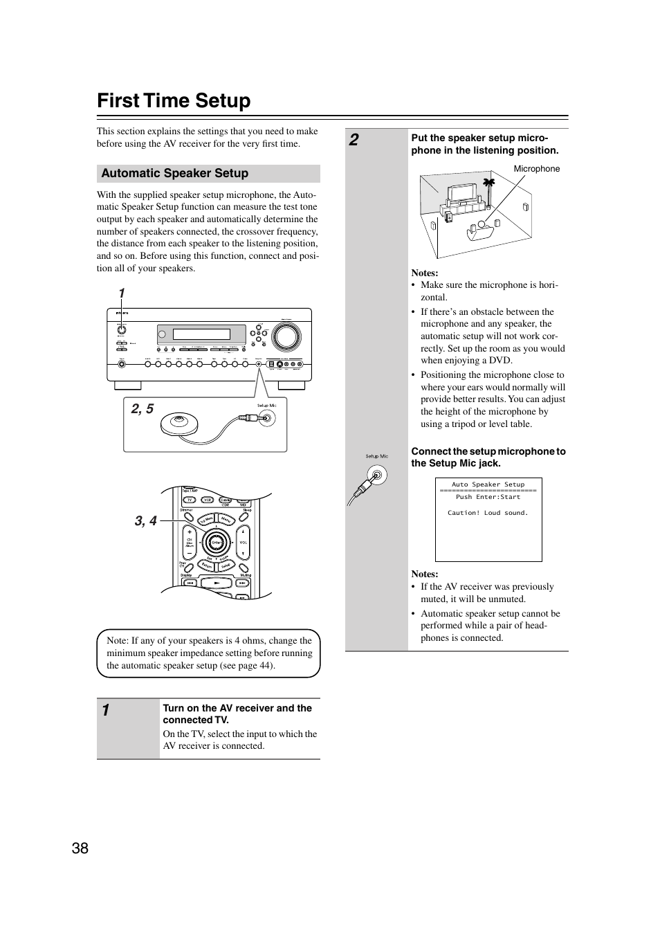First time setup, Automatic speaker setup, Setup mic (38) | Integra DTR-7.7 User Manual | Page 38 / 96