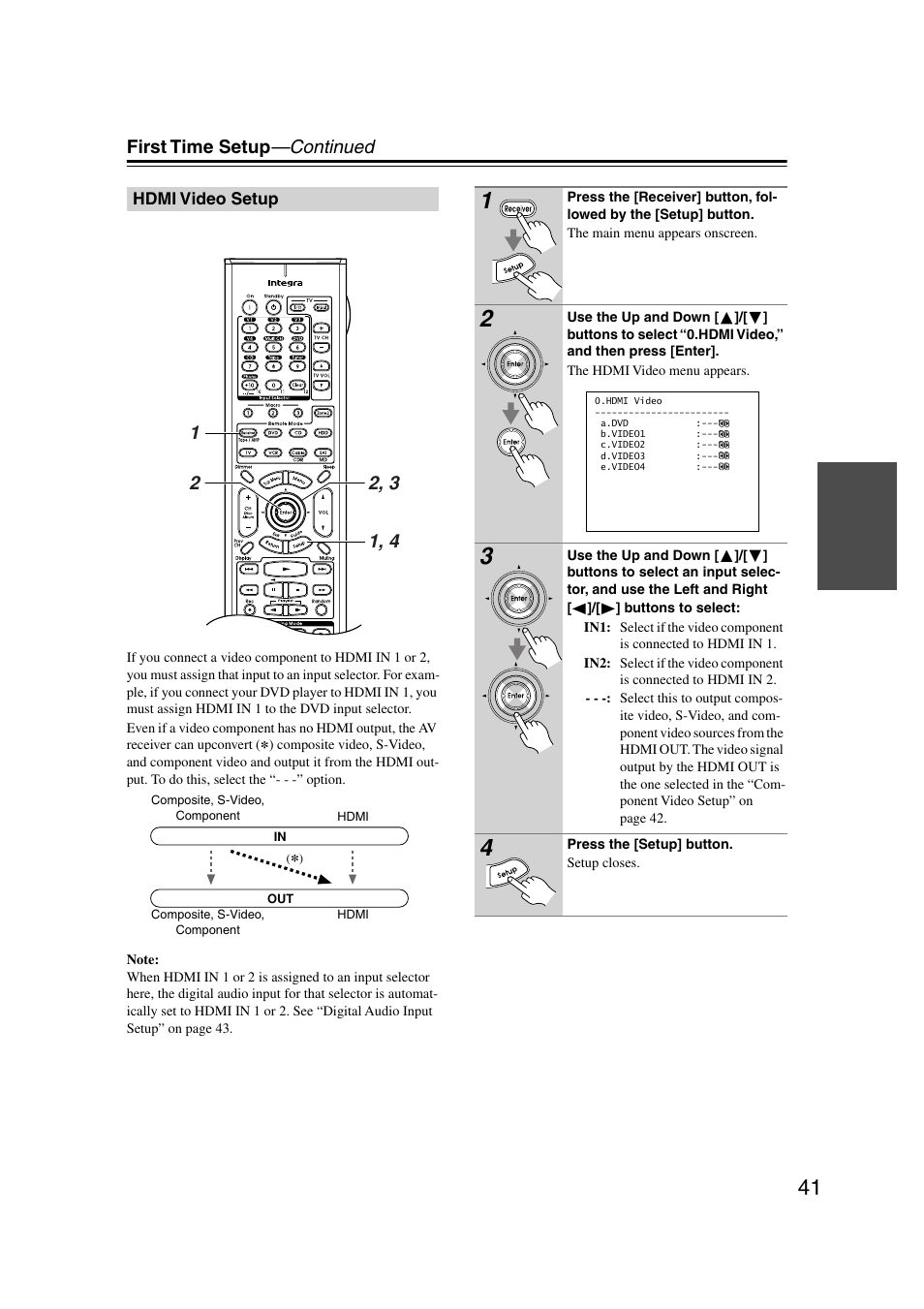Hdmi video setup, First time setup —continued | Integra DTR-7.7 User Manual | Page 41 / 96
