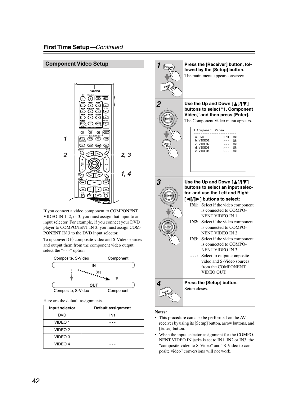 Component video setup, First time setup —continued | Integra DTR-7.7 User Manual | Page 42 / 96