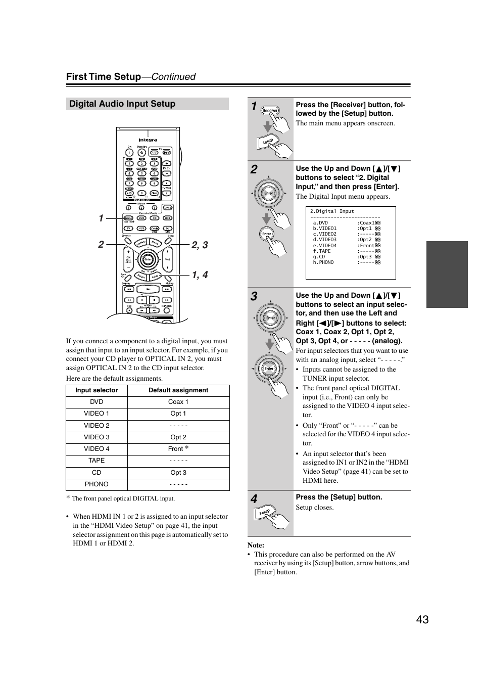 Digital audio input setup, First time setup —continued | Integra DTR-7.7 User Manual | Page 43 / 96