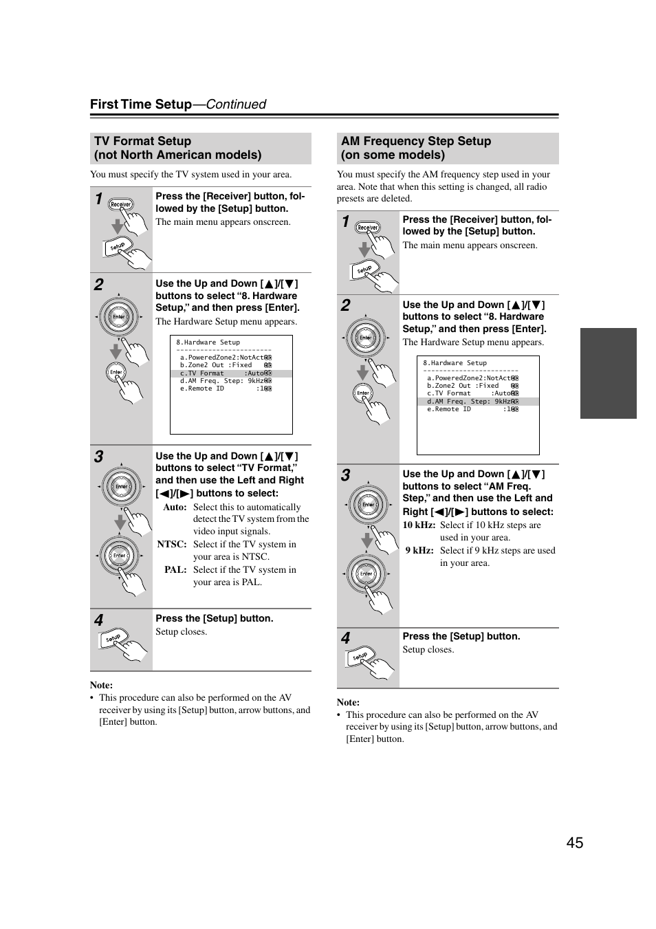 Tv format setup (not north american models), Am frequency step setup (on some models), Tv format setup | Not north american models), Am frequency step setup, On some models), First time setup —continued | Integra DTR-7.7 User Manual | Page 45 / 96