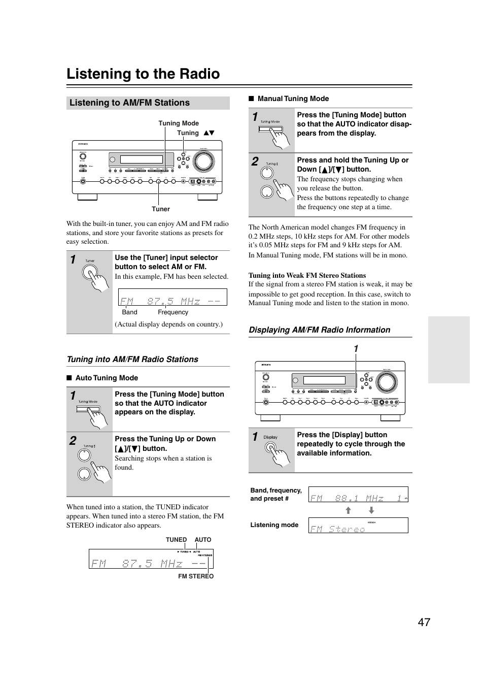 Listening to the radio, Listening to am/fm stations, Utton (47) | S (47), Tuned (47), Fm stereo (47) | Integra DTR-7.7 User Manual | Page 47 / 96