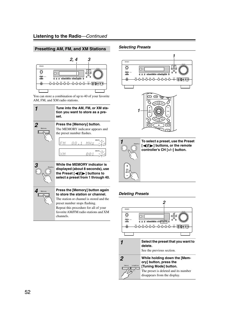 Presetting am, fm, and xm stations, Utton (52), Y (52) | Integra DTR-7.7 User Manual | Page 52 / 96