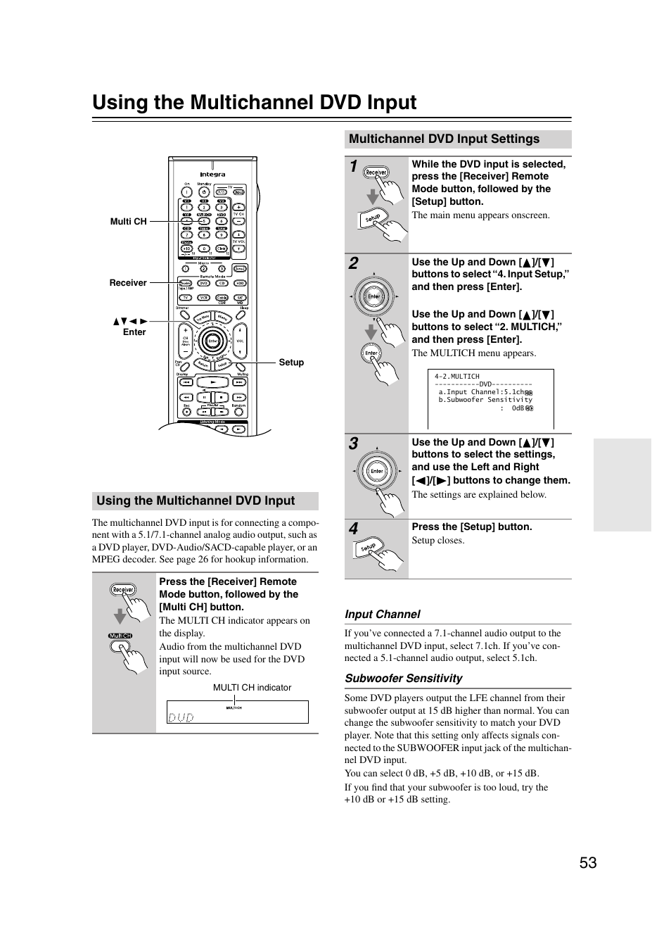 Using the multichannel dvd input, Multichannel dvd input settings, Utton (53) | Integra DTR-7.7 User Manual | Page 53 / 96