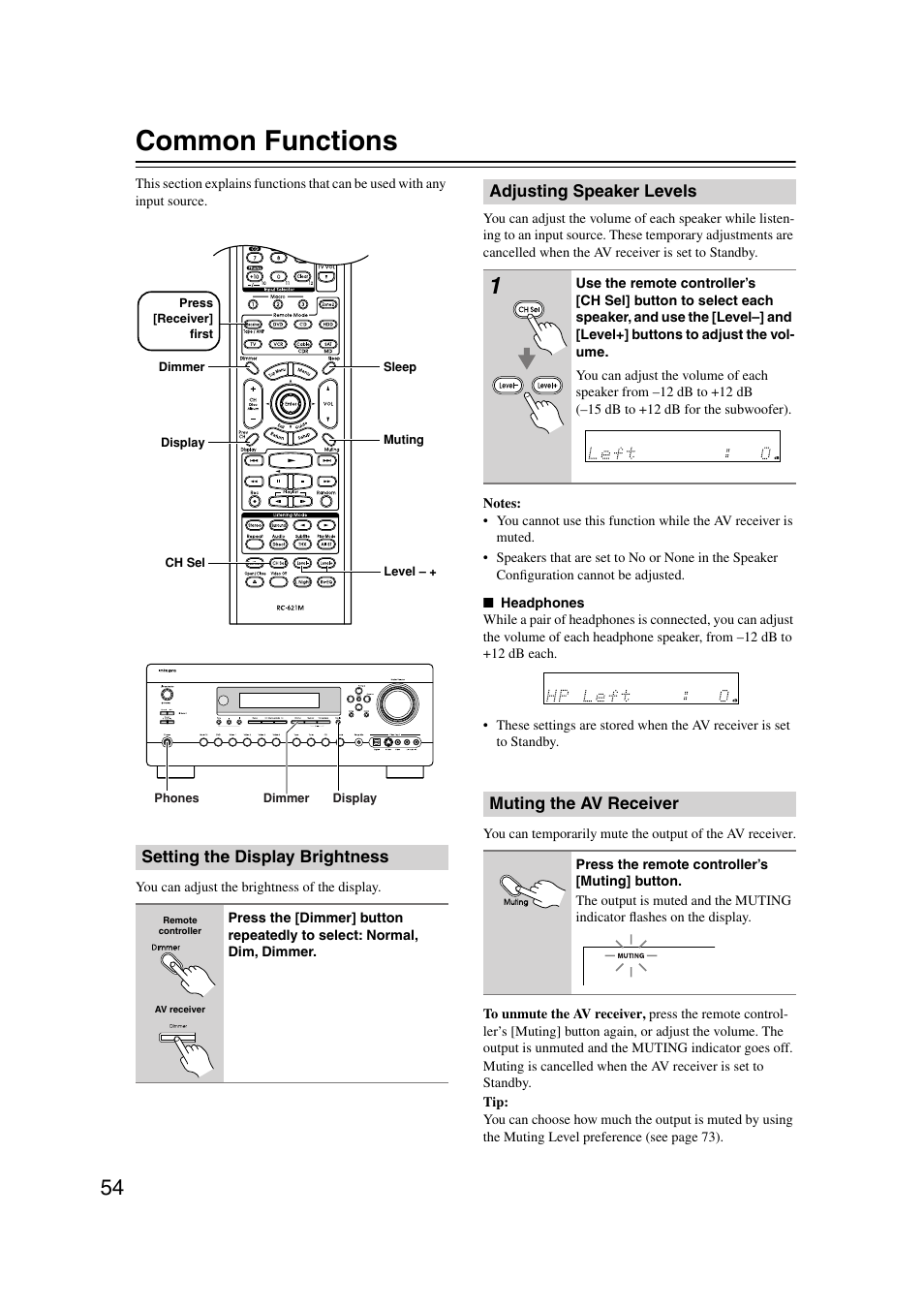 Common functions, Setting the display brightness, Adjusting speaker levels | Muting the av receiver, Utton (54), Muting indicator (54), Uttons (54 | Integra DTR-7.7 User Manual | Page 54 / 96