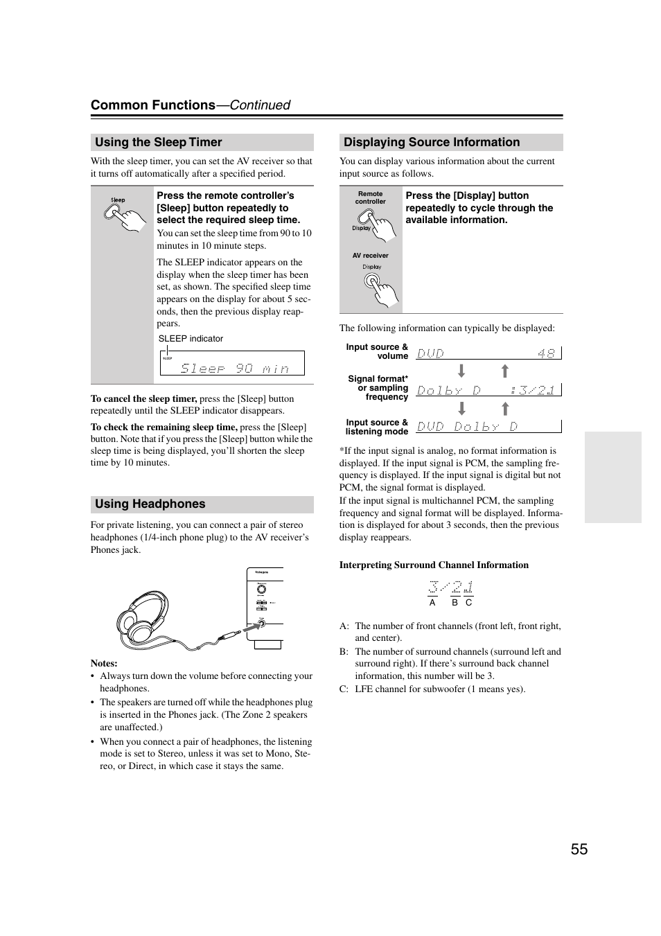 Using the sleep timer, Using headphones, Displaying source information | Utton (55), K (55), Sleep indicator (55), Common functions —continued | Integra DTR-7.7 User Manual | Page 55 / 96