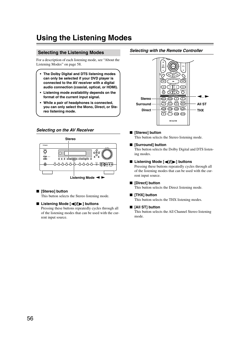 Using the listening modes, Selecting the listening modes, Utton (56) | Uttons (56), S (56) | Integra DTR-7.7 User Manual | Page 56 / 96