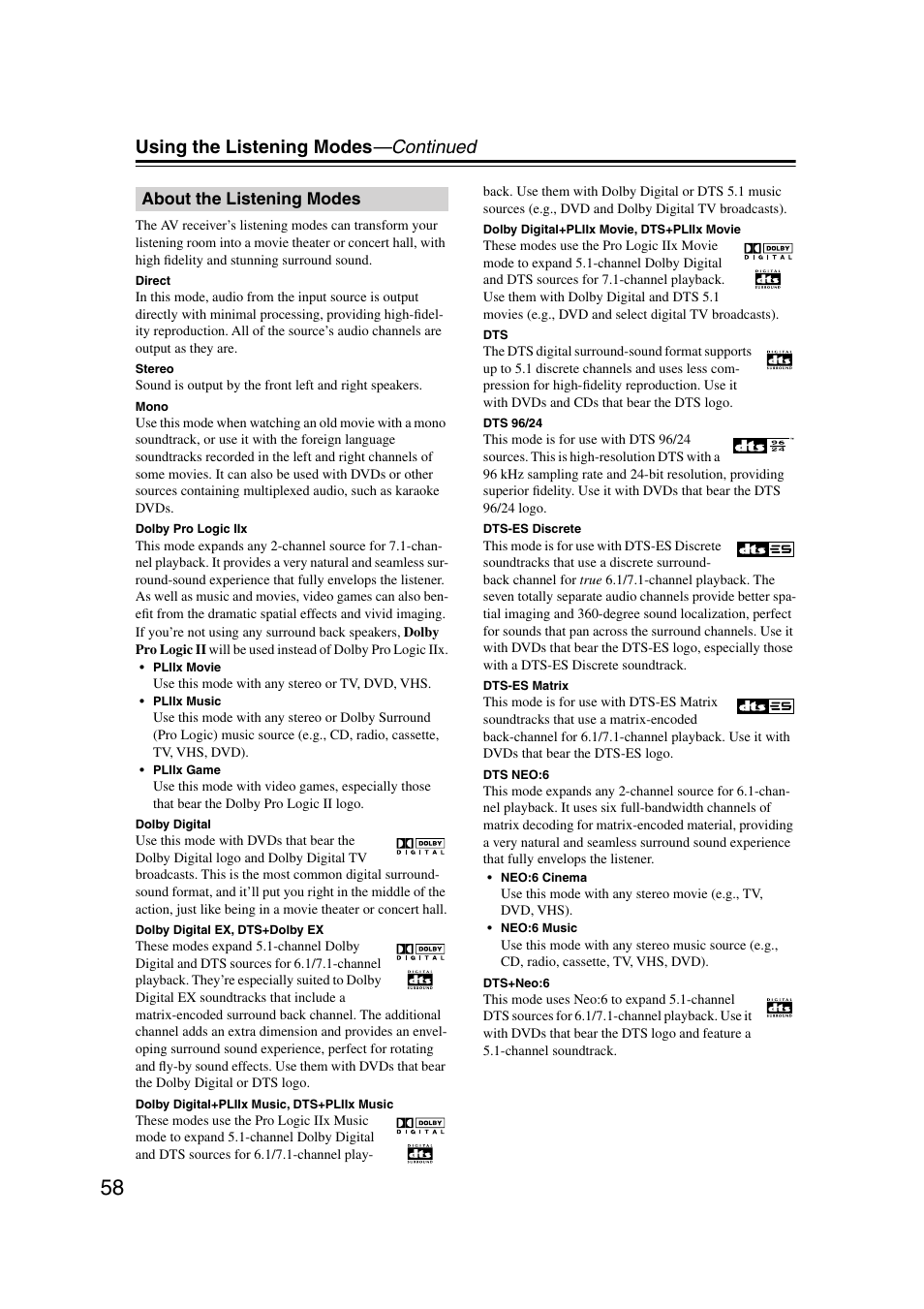 About the listening modes, Using the listening modes —continued | Integra DTR-7.7 User Manual | Page 58 / 96