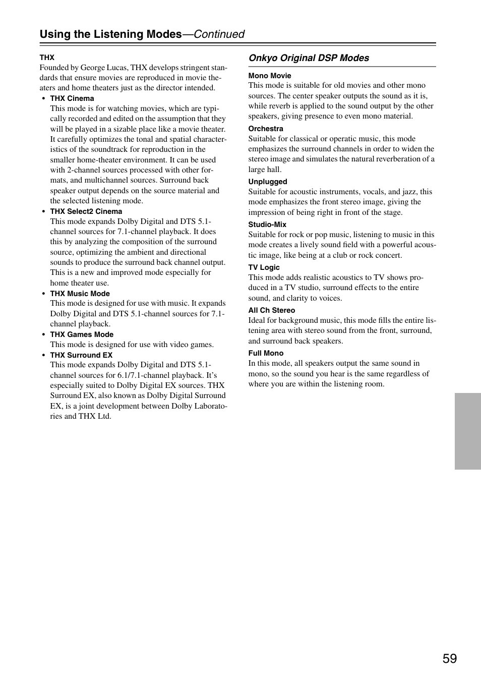 Using the listening modes —continued | Integra DTR-7.7 User Manual | Page 59 / 96