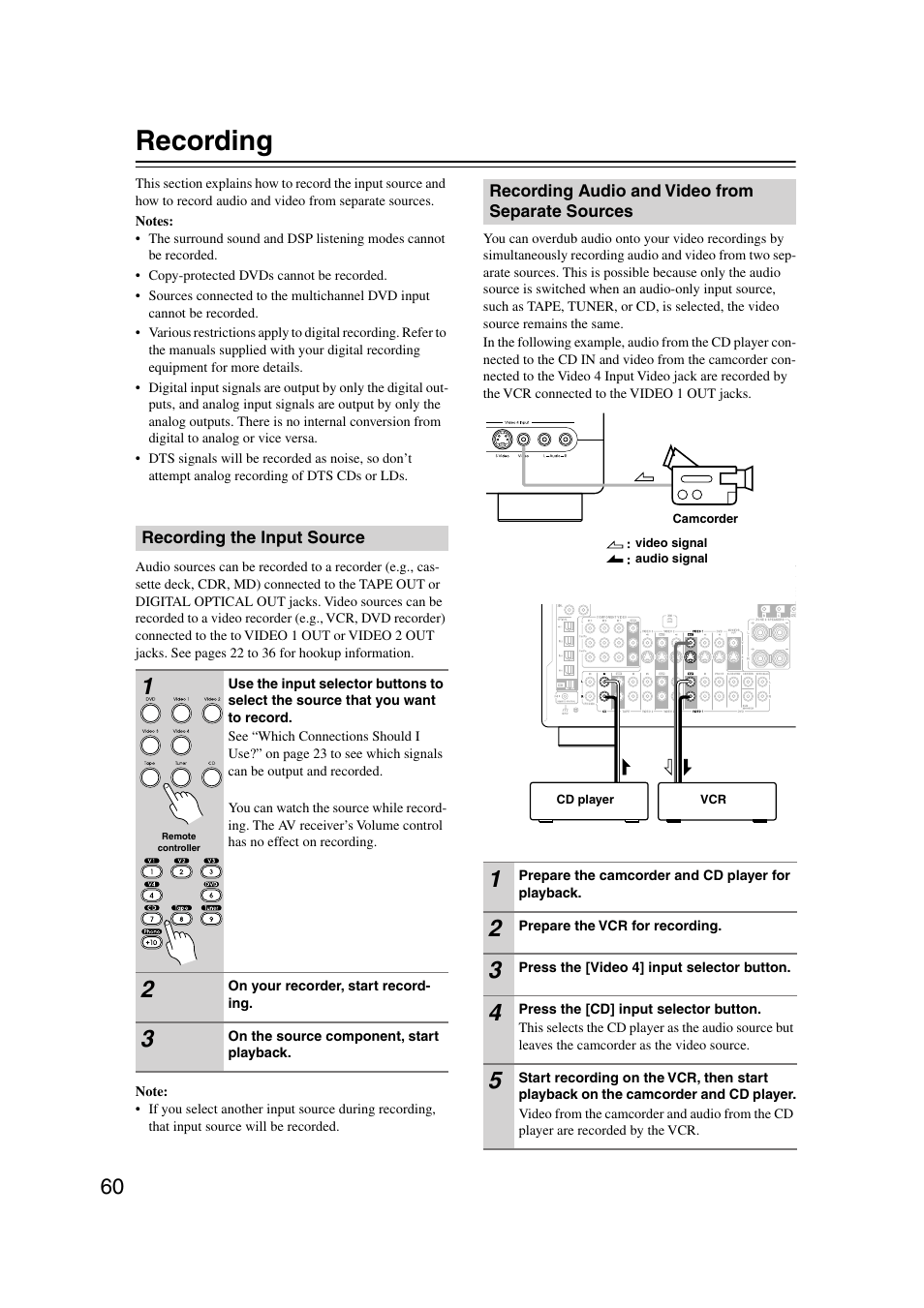 Recording, Recording the input source, Recording audio and video from separate sources | Integra DTR-7.7 User Manual | Page 60 / 96